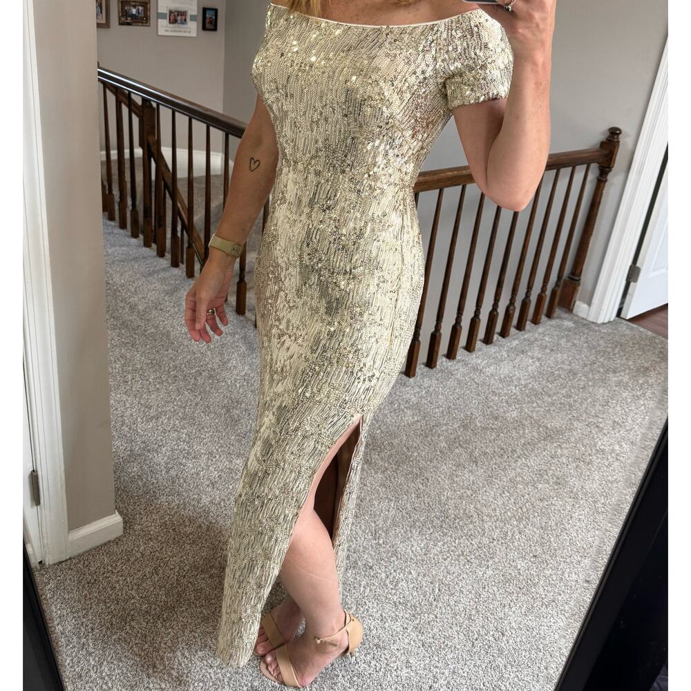 Aidan Mattox Gold off shoulder Sequin Gown - High Side Slit - stretchy